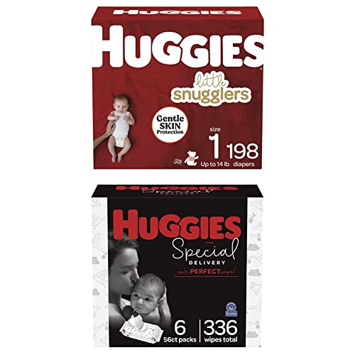 Baby Diapers and Wipes Bundle: Huggies Little Snugglers Diapers Size 1, 198ct & Special Delivery Baby Diaper Wipes, Unscented, 6 Push Button Packs (336 Wipes Total)