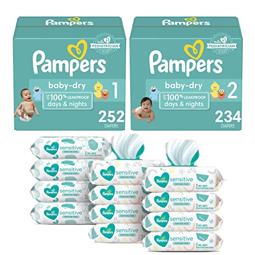 Pampers Baby Dry Disposable Baby Diapers Starter Kit (2 Month Supply), Sizes 1 (252 Count) & 2, (234 Count) with Sensitive Water Based Baby Wipes, 12X Pop-Top Packs (864 Count)