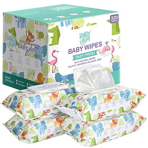 Baby Wipes - HAPPY BUM Sensitive Water Baby Diaper Wipes, Hypoallergenic, Unscented, 4 Flip-top packs (320 Wipes Total)