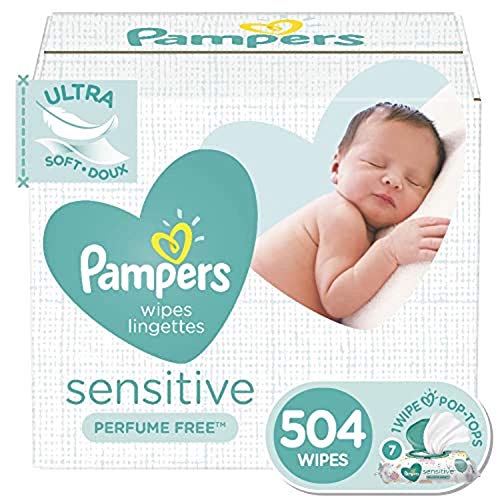 Baby Wipes, Pampers Sensitive Water Based Baby Diaper Wipes, Hypoallergenic and Unscented, 7 Pop-Top Packs, 504 Count Total Wipes (Packaging May Vary)